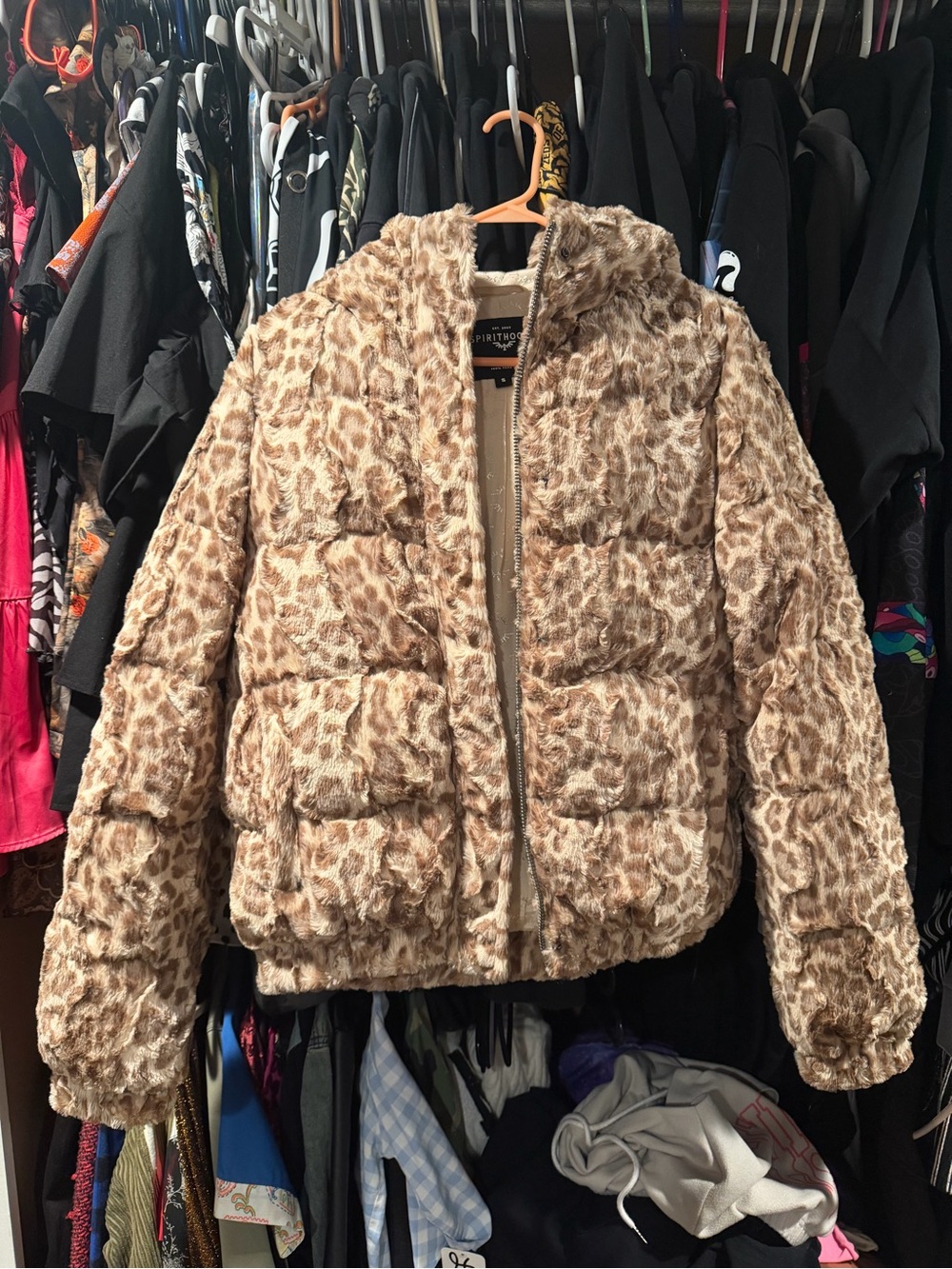SpiritHood - CLASSIC WOMEN'S HOODED PUFFER JACKET | TAN LEOPARD - SIZE SMALL